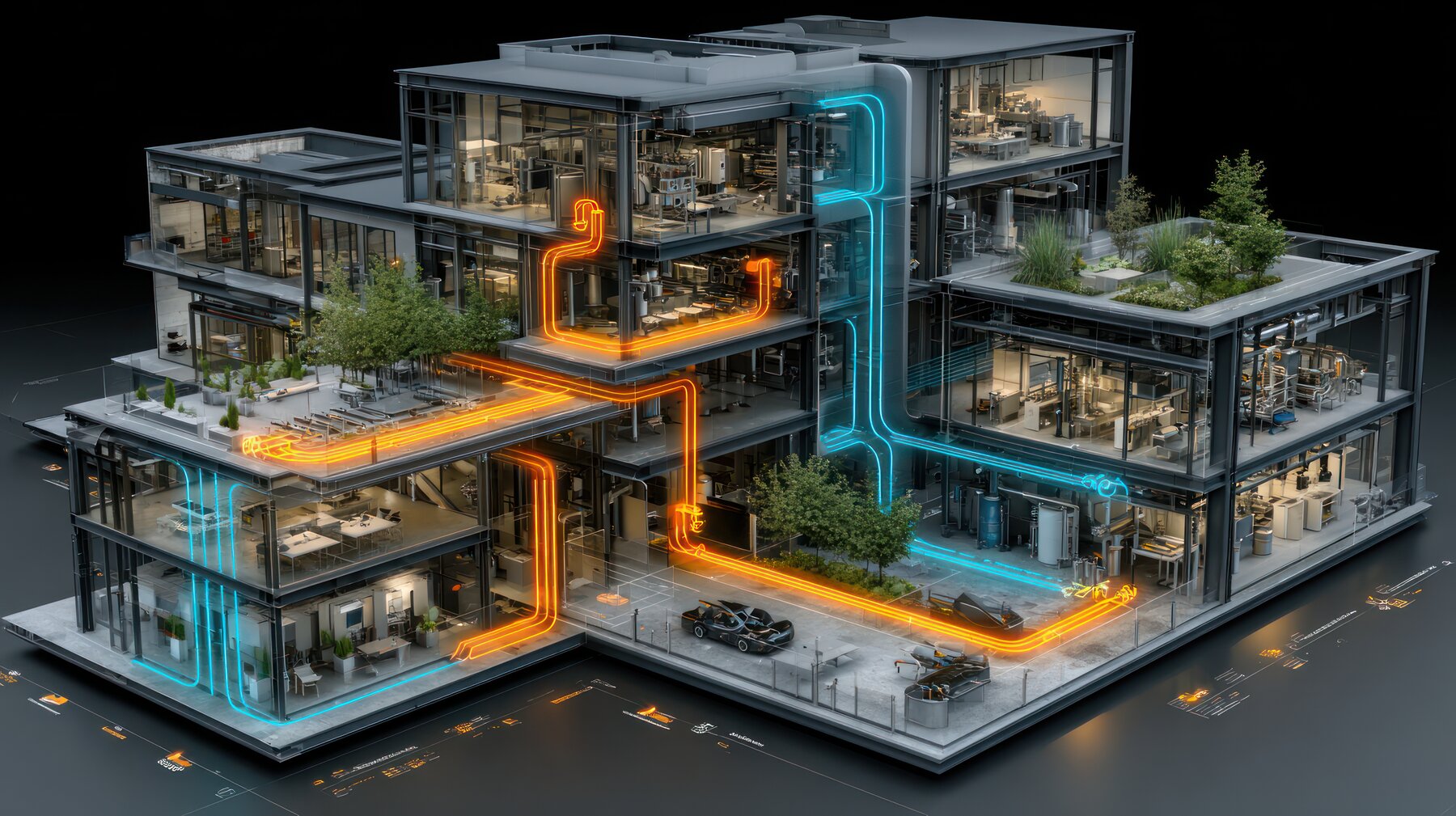 3D-Schnittansicht eines Gebäudes mit Lüftungs- und Klimasystem