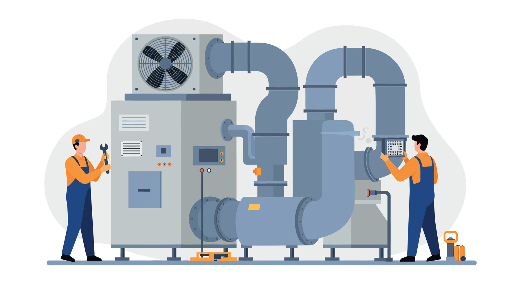 Zwei Techniker bei der Wartung einer industriellen Kälte- und Lüftungsanlage